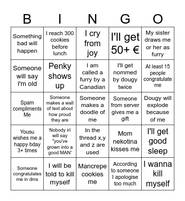 Theo's bday bingo Card