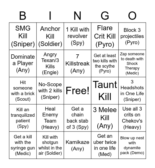 TF2 Classified Bingo Card