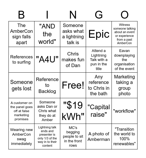 AmberCon Bingo Card