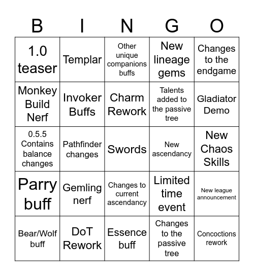 0.5.5 & August Announcements Bingo Card