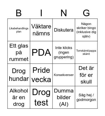 Anti drog policy bingo Card