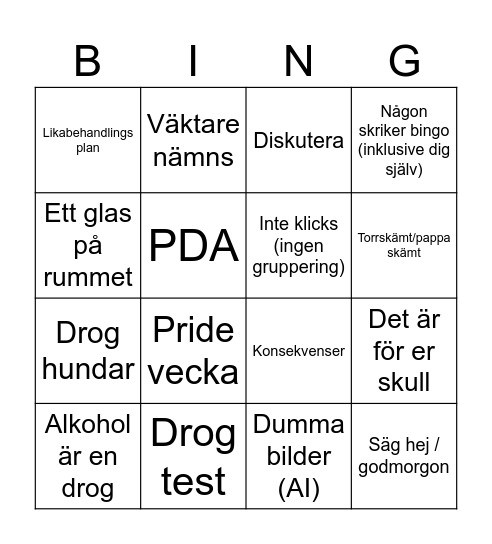 Anti drog policy bingo Card