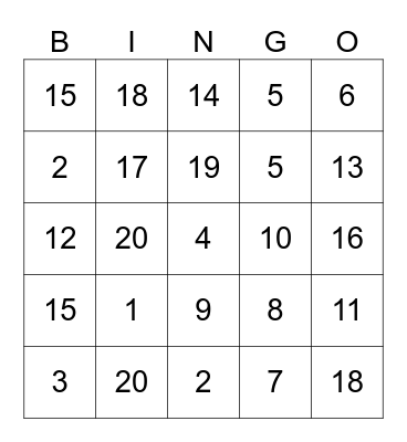 Nombres 1 - 20 Bingo Card