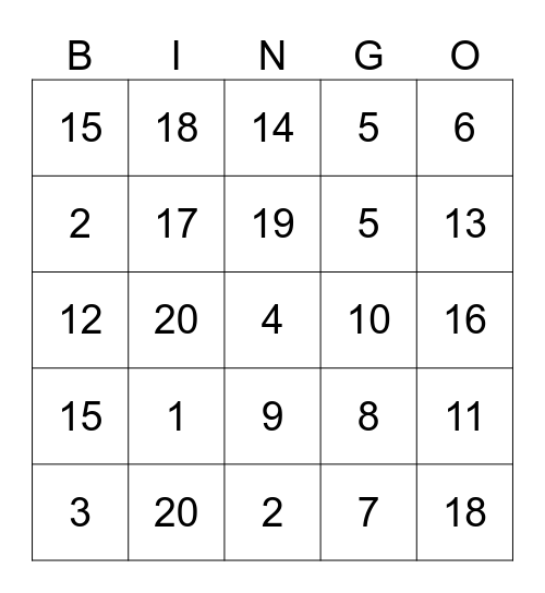 Nombres 1 - 20 Bingo Card