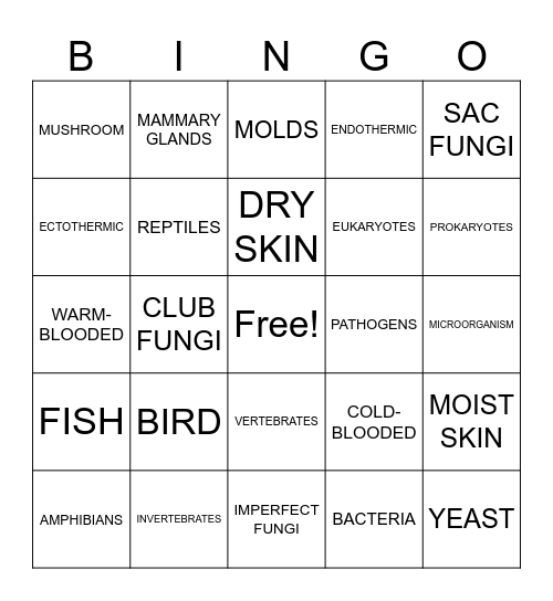 CLASSIFICATION OF ANIMALAS Bingo Card