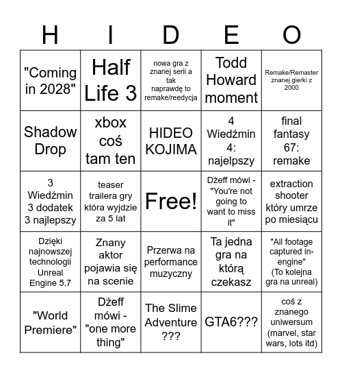 H I D E O Bingo Card