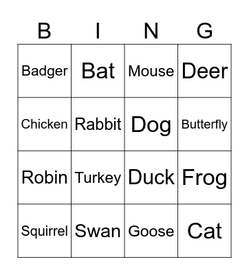 Animal Bingo! Bingo Card