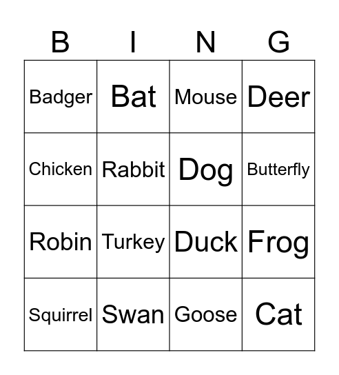 Animal Bingo! Bingo Card
