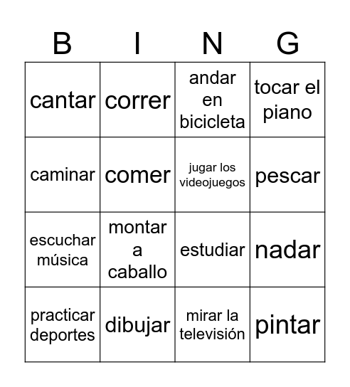 Vocabulario del verbo gustar Bingo Card
