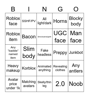 Roblox (mostly) avatar bingo Card