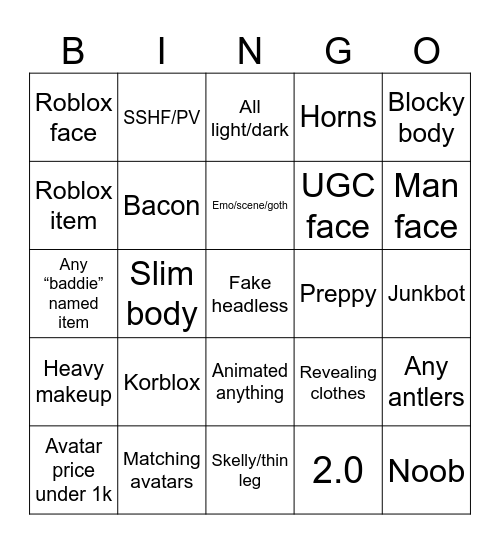 Roblox (mostly) avatar bingo Card