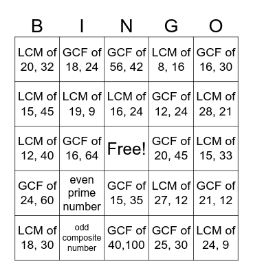 LCM and GCF revised Bingo Card