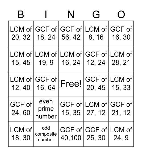 LCM and GCF revised Bingo Card