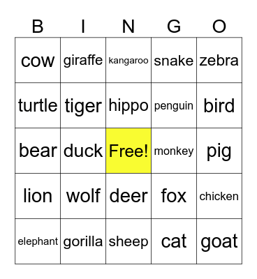 Animal Bingo Card