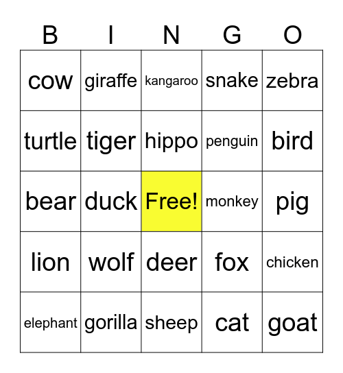 Animal Bingo Card