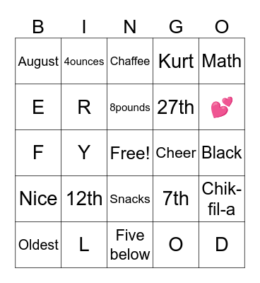 Rylee’s Bingo Card