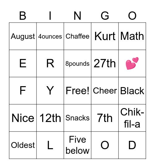 Rylee’s Bingo Card