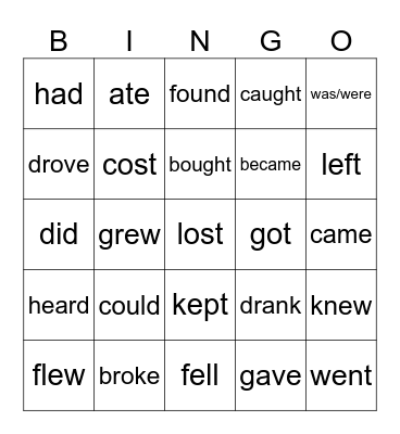 Nepravidelná slovesa 1/2 Bingo Card