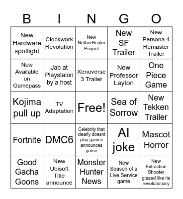 Gamescon 2026 Bingo Card