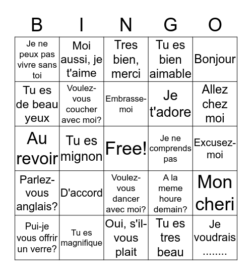 Nanette's French love phrases Bingo Card