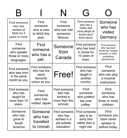 Employee Bingo Card