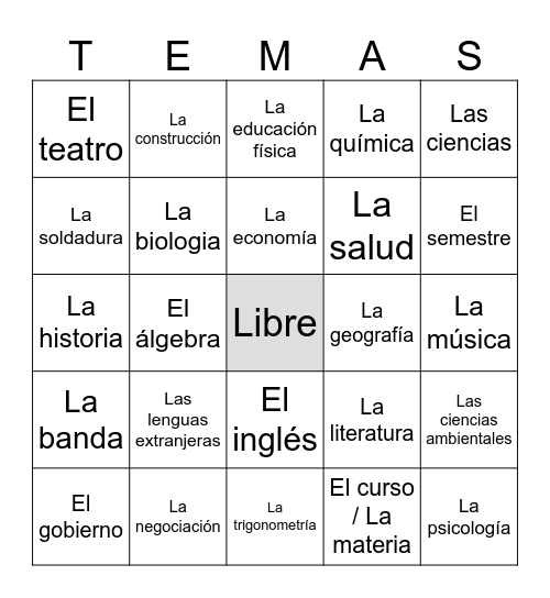 Las materias escolares Bingo Card