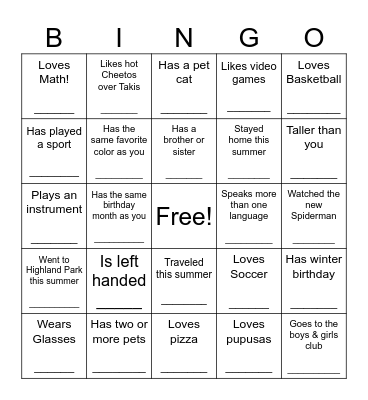 Get to know your classmates Bingo Card