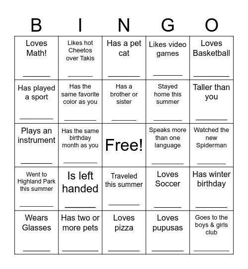 Get to know your classmates Bingo Card