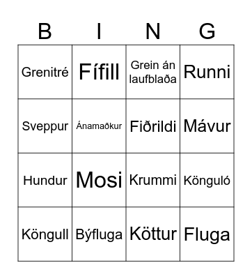 Náttúrúbingó Bingo Card