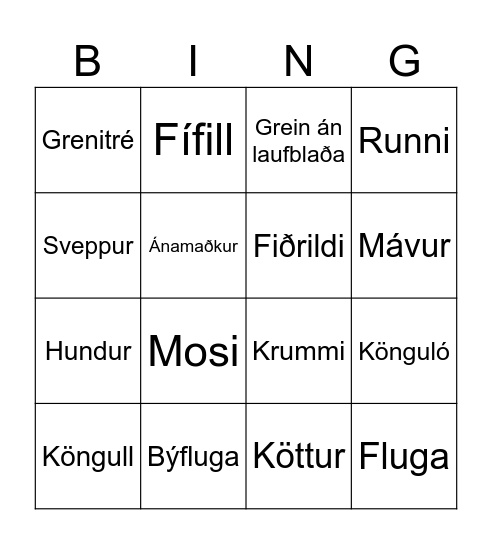 Náttúrúbingó Bingo Card