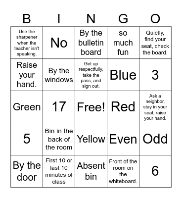 Classroom Expectations Bingo Card