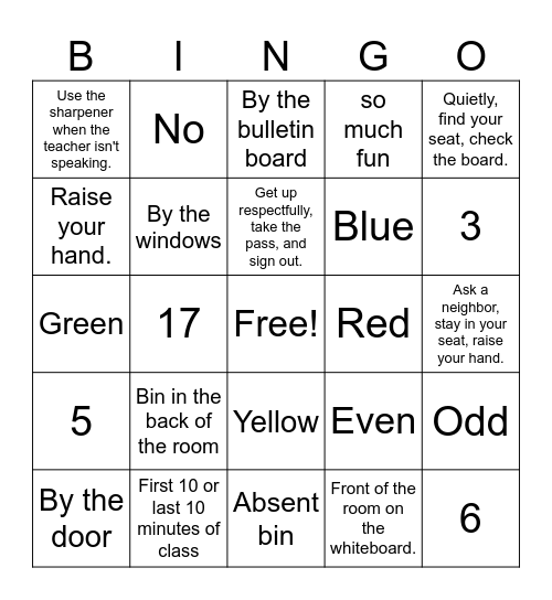 Classroom Expectations Bingo Card