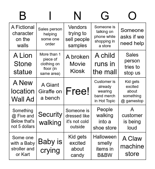 Mall Bingo Card