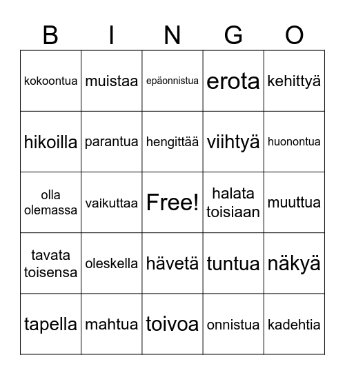 s-päätteiset verbit Bingo Card