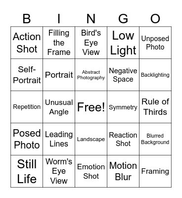 Photography Techniques Bingo Card