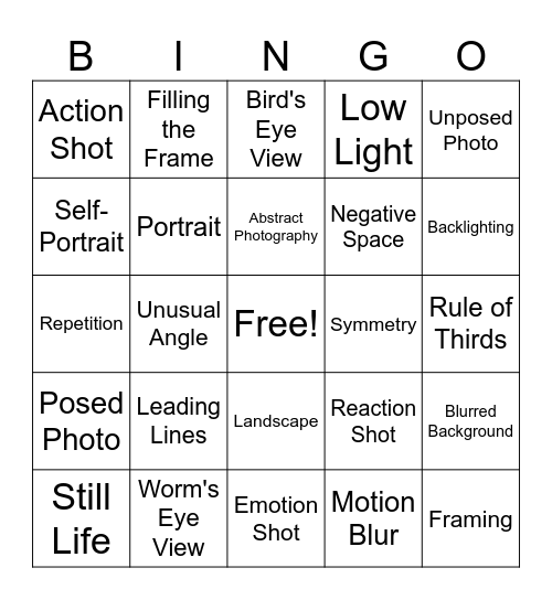 Photography Techniques Bingo Card