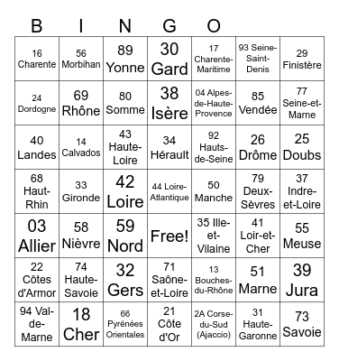 French Department Number Plate Bingo Card