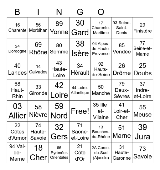 French Department Number Plate Bingo Card