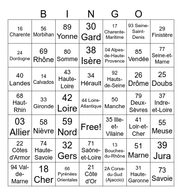 French Department Number Plate Bingo Card