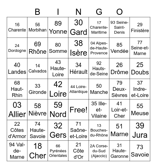 French Department Number Plate Bingo Card