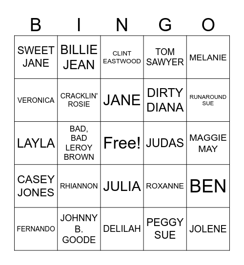 Name songs Bingo Card