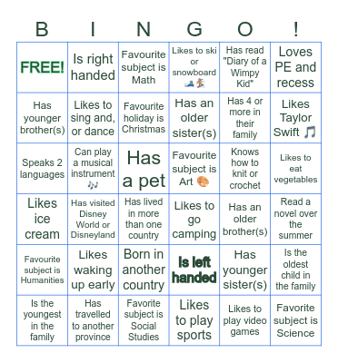 Student Bingo! Bingo Card