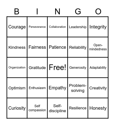 Personal Strengths Bingo Card