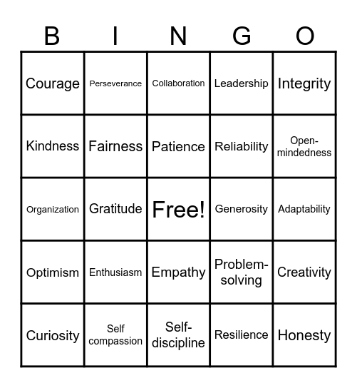 Personal Strengths Bingo Card