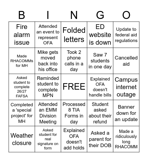 Financial Aid Bingo 26/27 Bingo Card