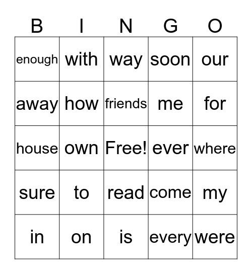 Sight Word Bingo Card