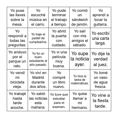 El pretérito en "yo" Bingo Card