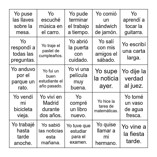 El pretérito en "yo" Bingo Card