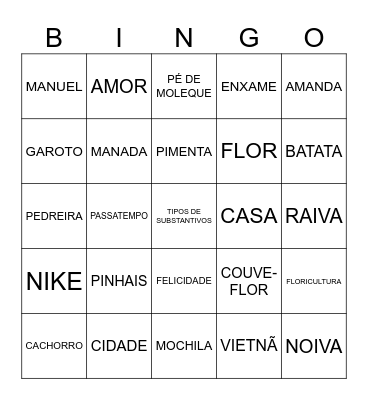 TIPOS SUBSTANTIVOS Bingo Card