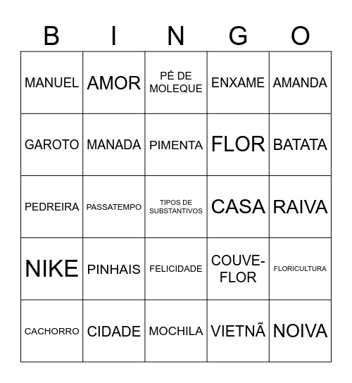 TIPOS SUBSTANTIVOS Bingo Card